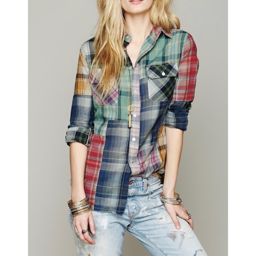 Free People Button Down Shirt Patchwork Plaid Women XS Western Blue Boho Grunge